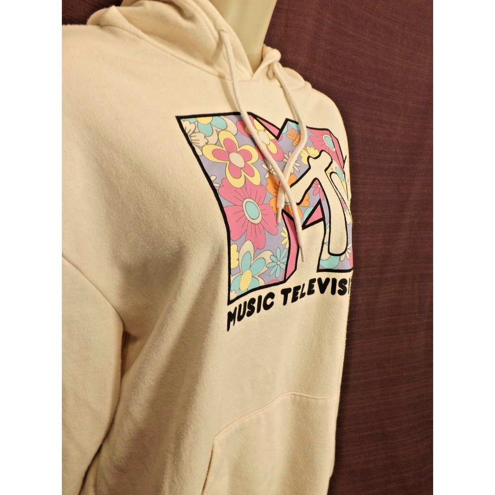 MTV Women's Pullover Cream Hoodie floral Hood - Size Medium Long sleeves - Picture 7 of 13